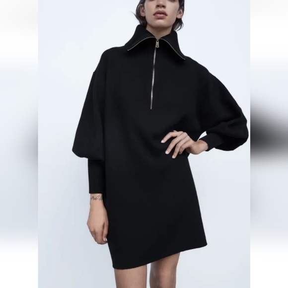 ZARA Black Mini Knit Jumper Dress with Gold Accent Zip Size Medium - Picture 2 of 9